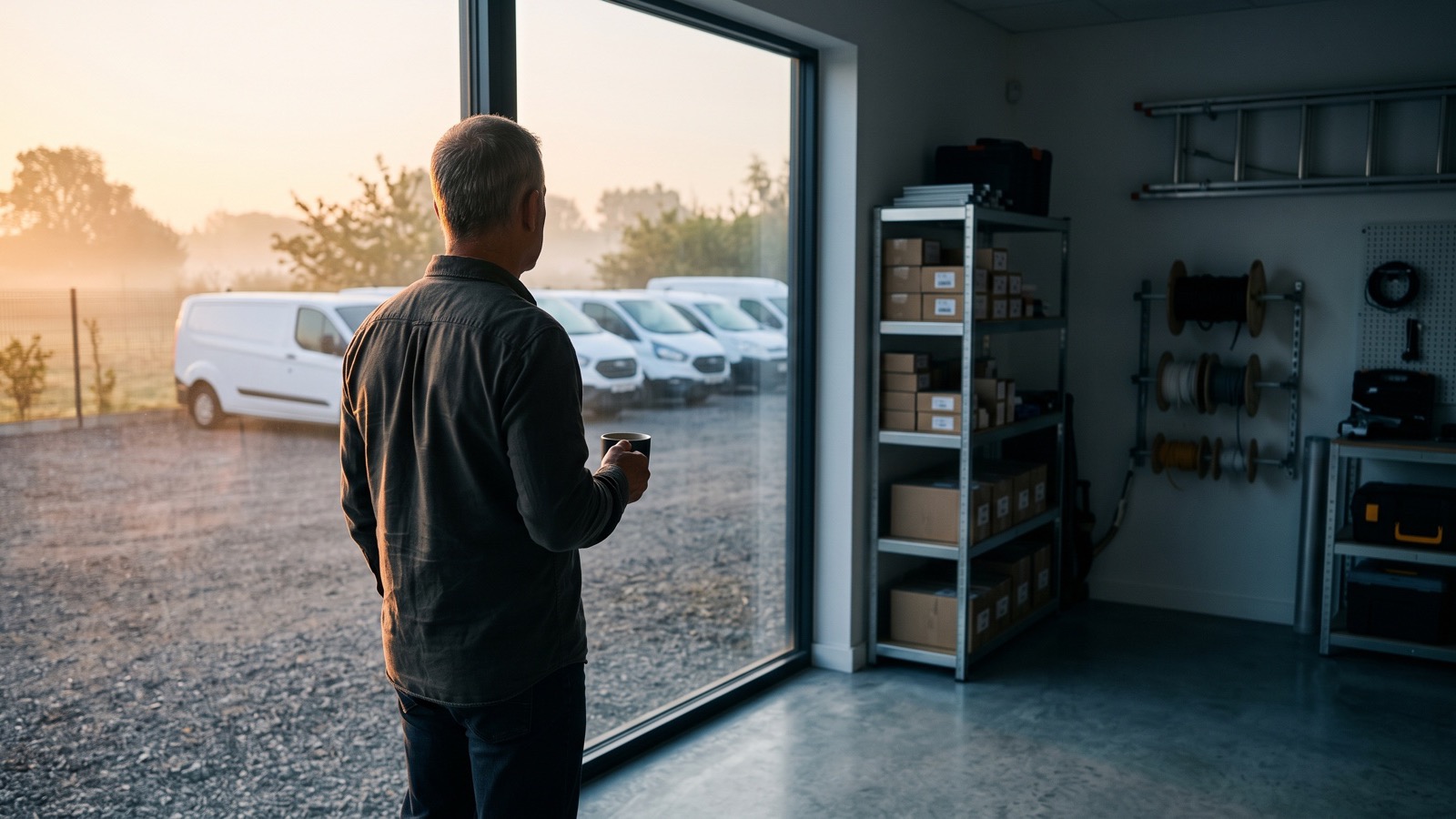 A company owner at dawn, looking out an office window over his fleet of service vans