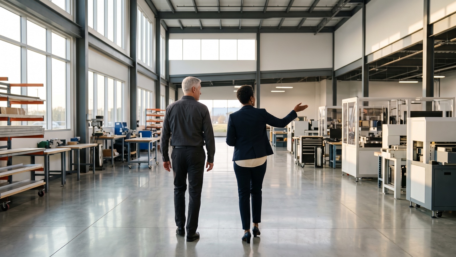 A commercial security company owner walks the floor of a longtime customer's facility.