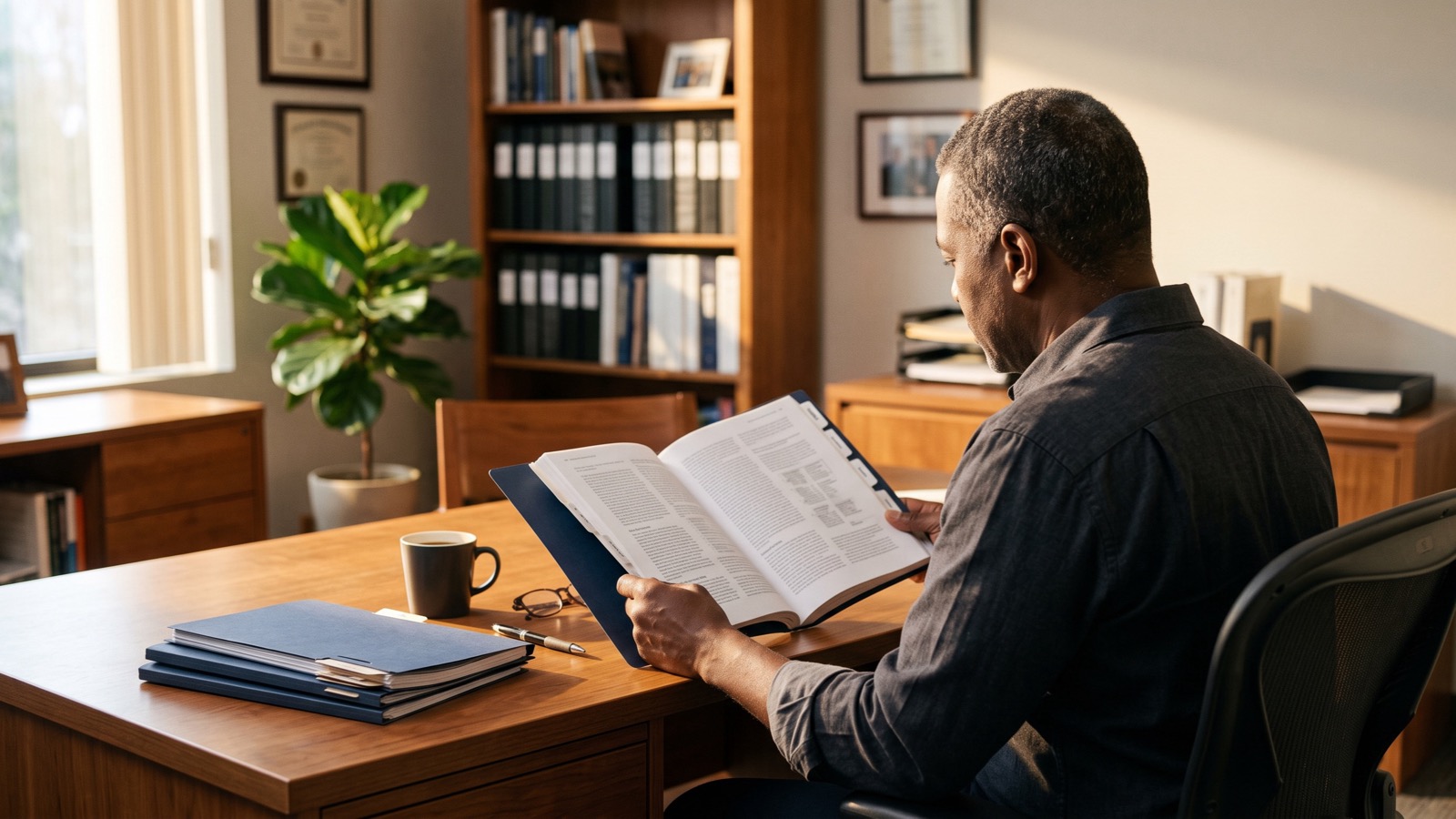The owner of a commercial security company reads a tabbed report at his desk in warm morning light.