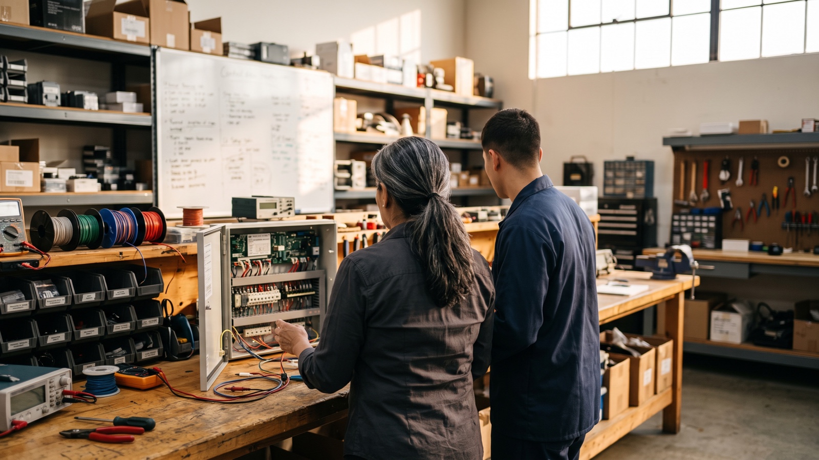 The owner of a commercial security company works beside a technician at a workbench in warm morning light.
