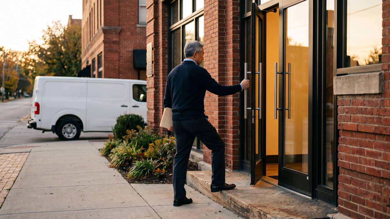 The owner of a commercial security company opens the door of a longtime customer's building on an early morning visit.
