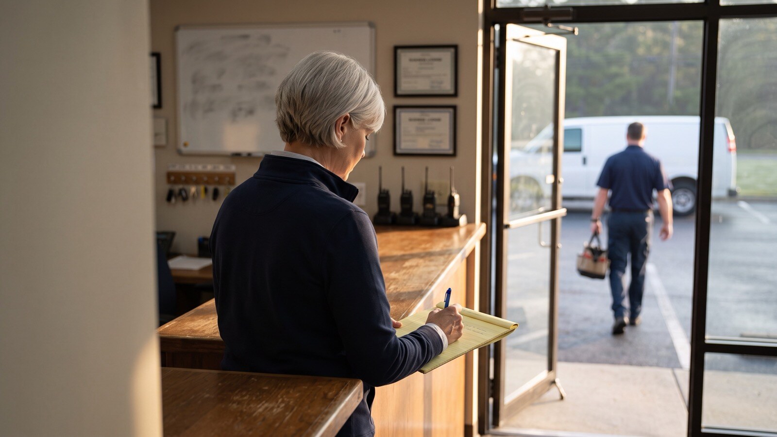 The owner of a commercial security company writes next year’s plan by hand at the front counter in morning light while a technician heads out the door to the day’s first call.