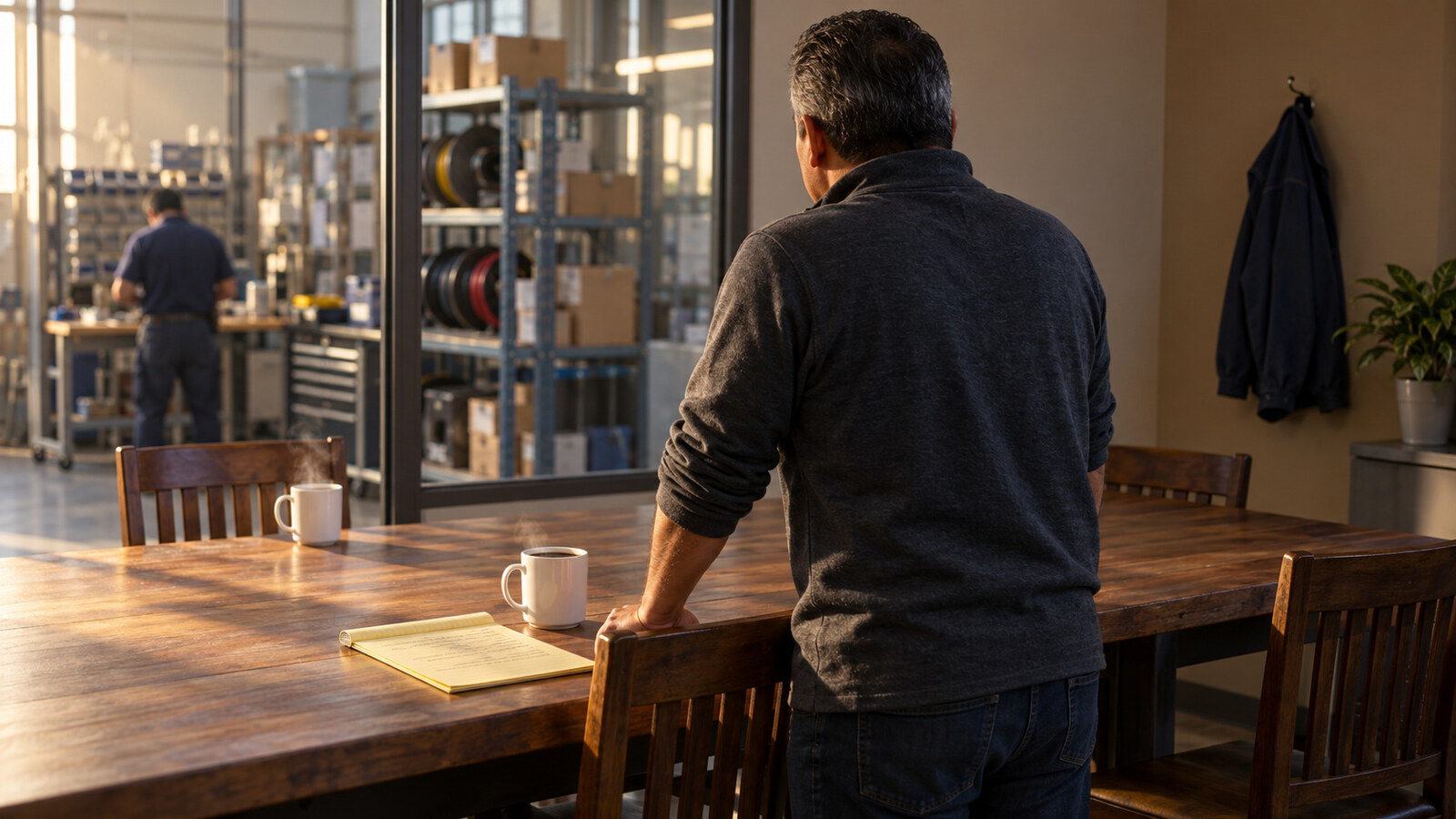 The owner of a commercial security company stands at a break-room table set with two coffee mugs and a handwritten list in morning light, looking through the glass toward the service bay where a technician is at work.