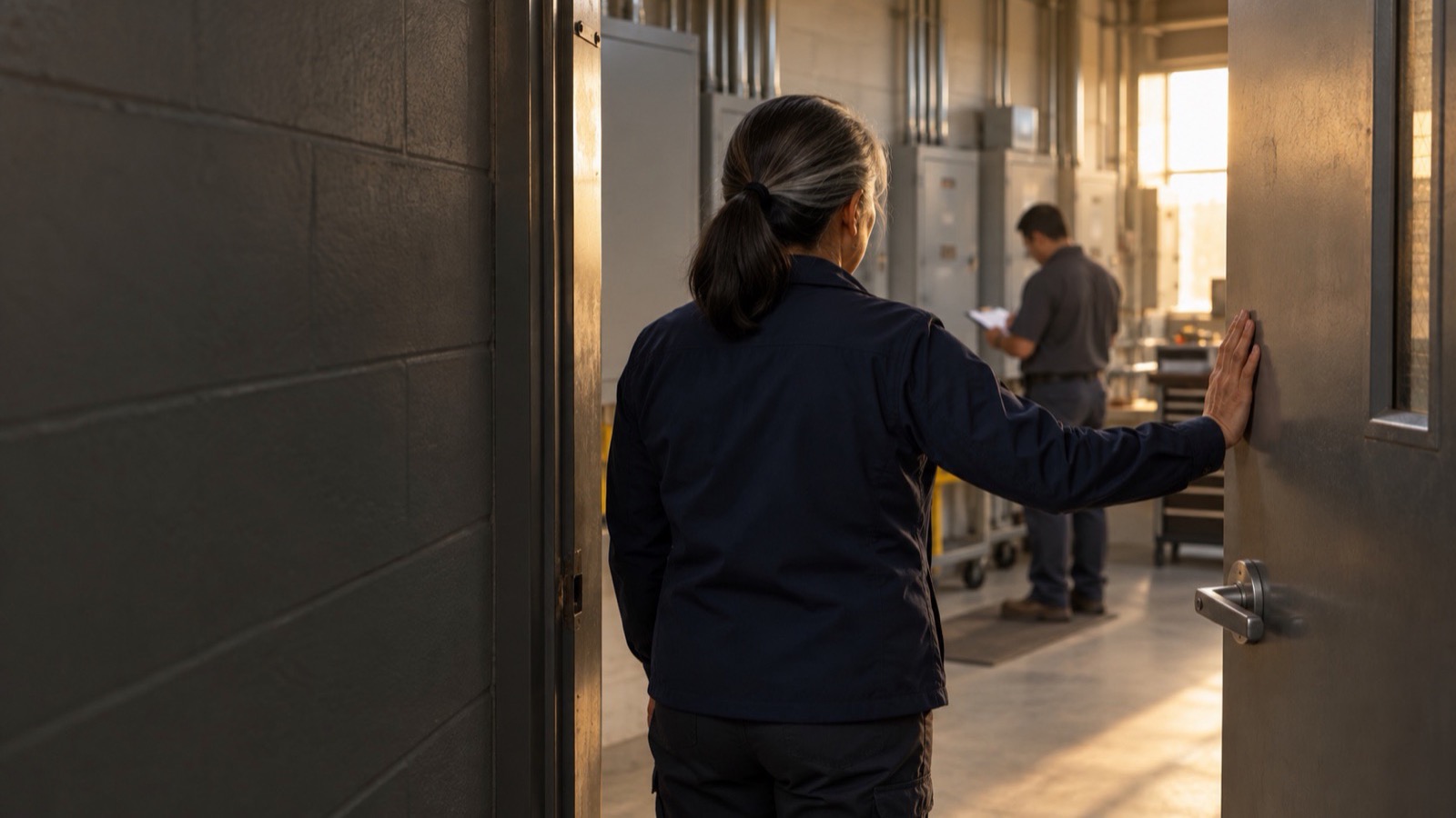 The owner of a commercial security company holds open the steel door of a customer’s electrical room in morning light while a technician inside writes on a clipboard beside the panel.
