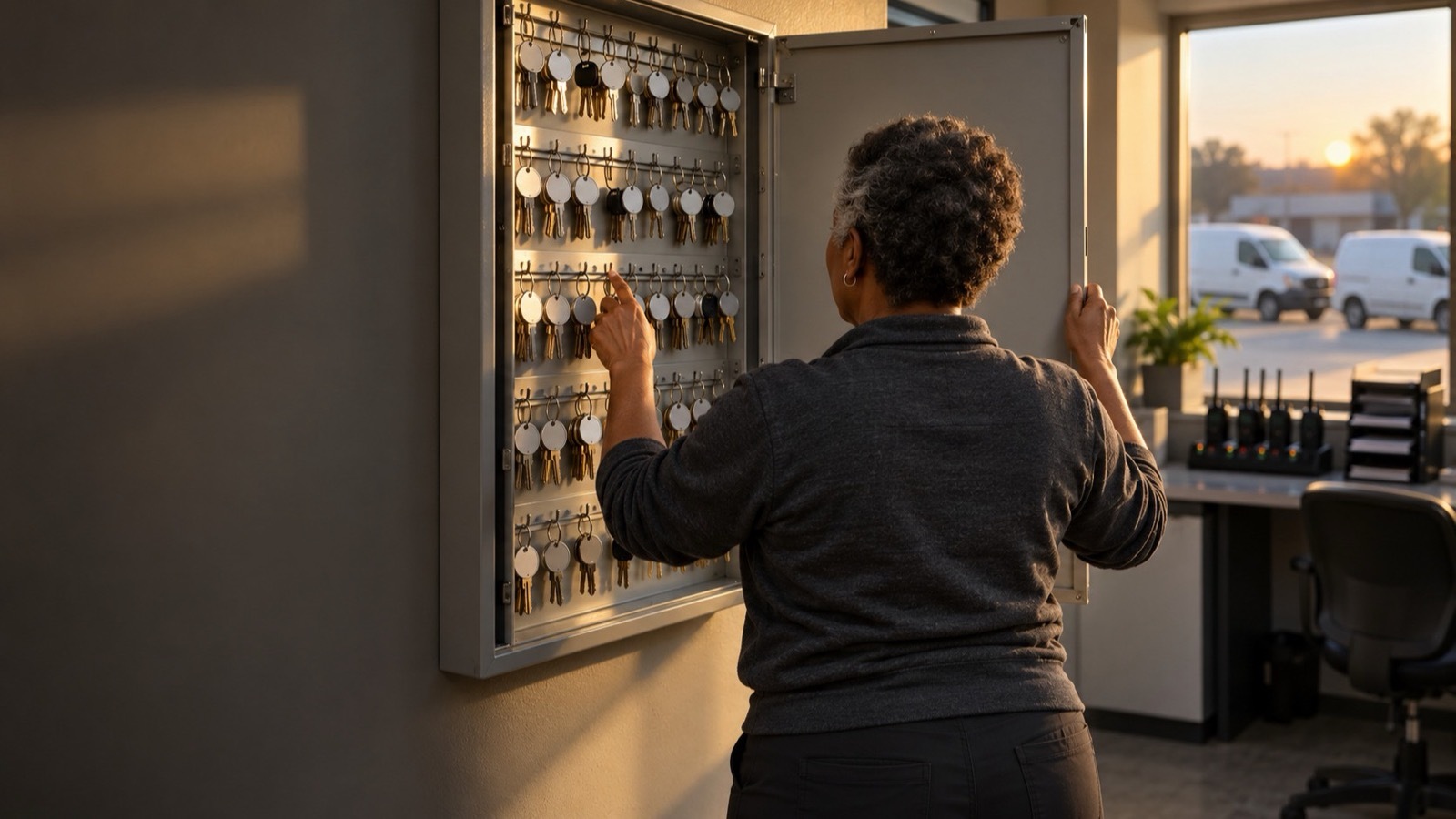 At first light in her company’s back office, the owner of a commercial security company stands at an open steel key cabinet, one hand on the door, counting along the rows of keys.