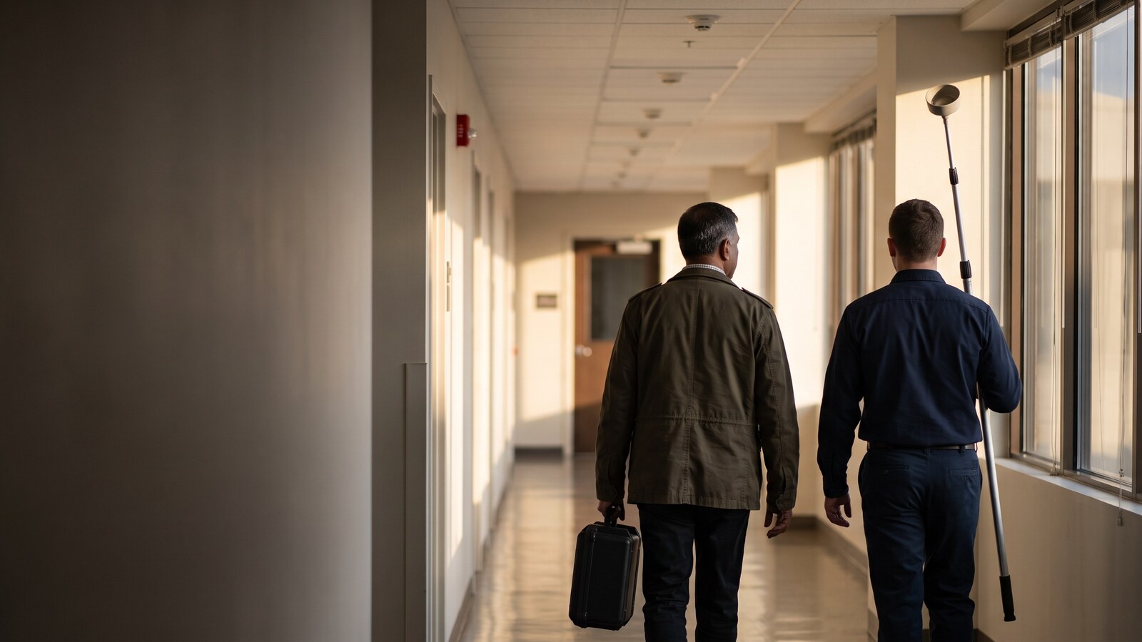At first light, the owner of a commercial security company walks a customer’s quiet corridor beside a technician who carries a long smoke detector test pole.